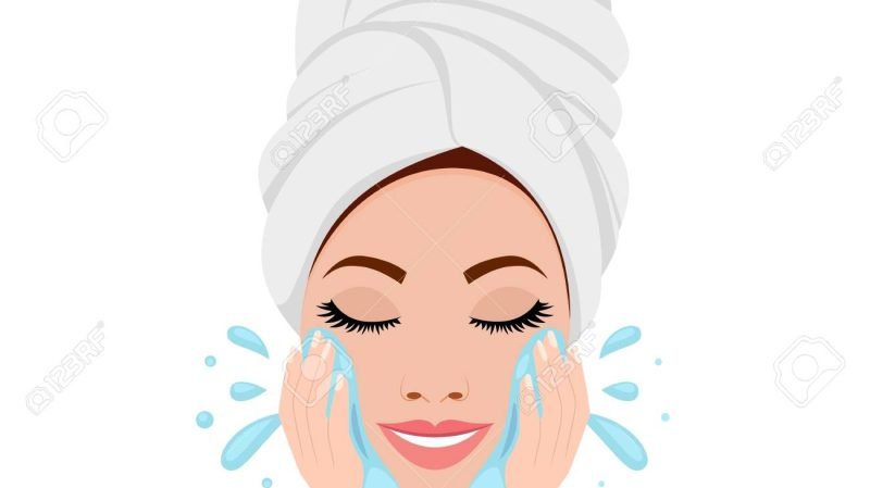 Beautiful woman in process of washing face. icon isolated on white background. SPA beauty and health concept. Vector illustration in flat style